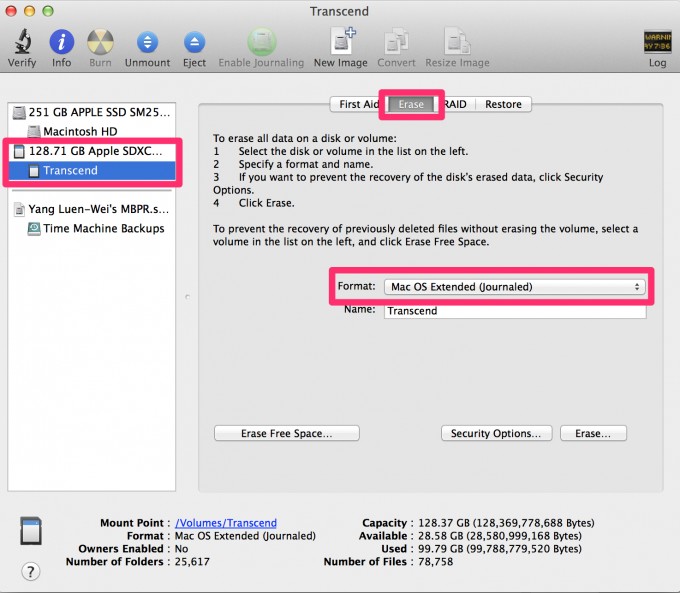 在Disk Utility.app中，將JetDrive Lite擴充卡格式化成Mac OS Extended (Journaled)！