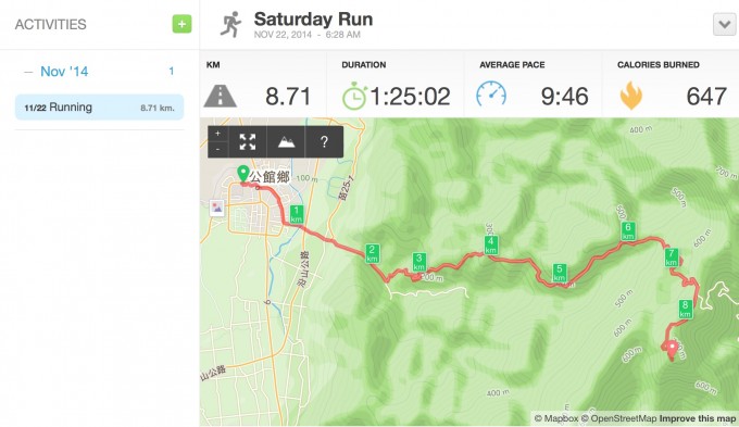 山路慢跑路線圖：苗栗公館至八角崠山(協雲宮)，來回一趟約17.4公里，爬升高度約671公尺。
